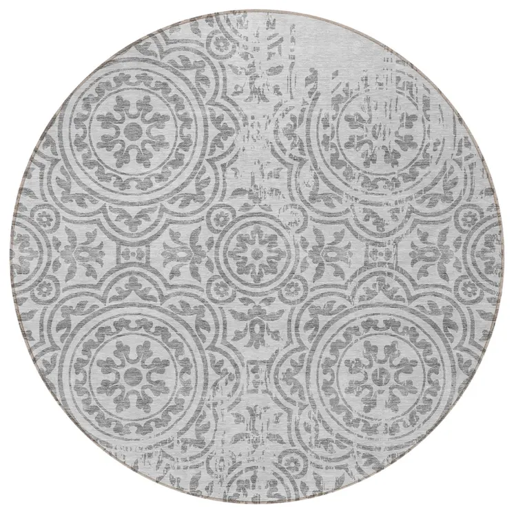 8' Silver And Gray Round Medallion Washable Indoor Outdoor Area Rug
