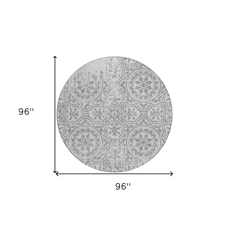8' Silver And Gray Round Medallion Washable Indoor Outdoor Area Rug