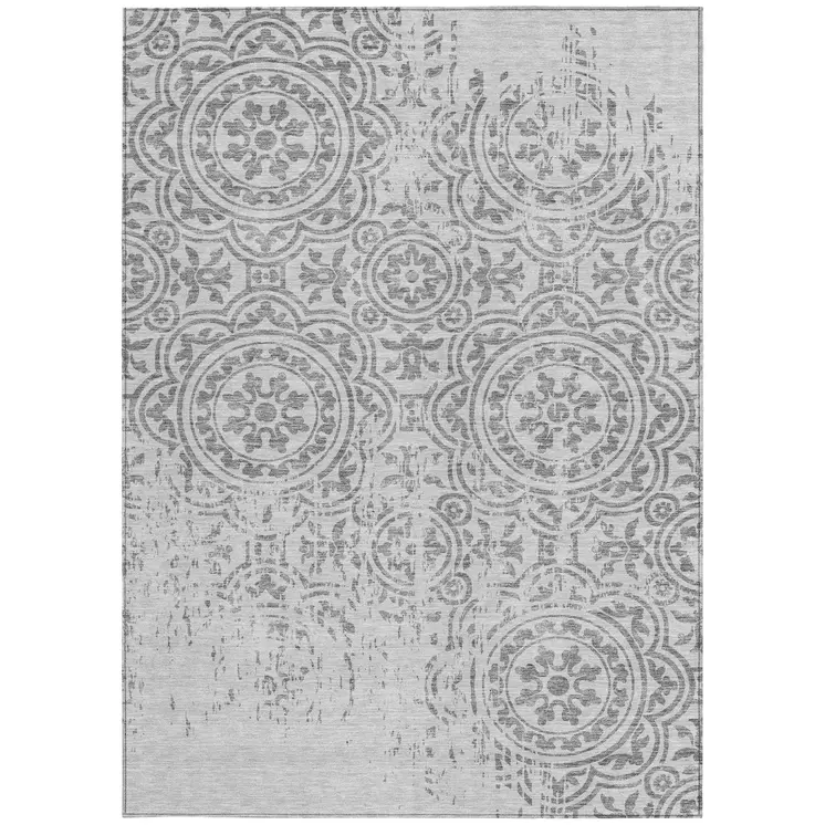 9' X 12' Silver And Gray Medallion Washable Indoor Outdoor Area Rug