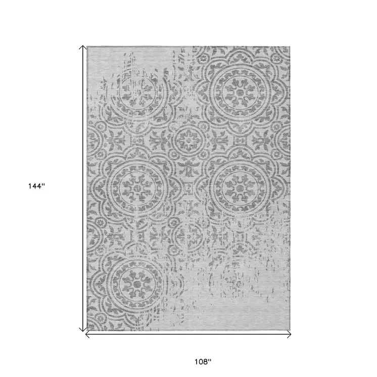 9' X 12' Silver And Gray Medallion Washable Indoor Outdoor Area Rug