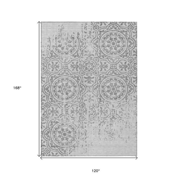 10' X 14' Silver And Gray Medallion Washable Indoor Outdoor Area Rug