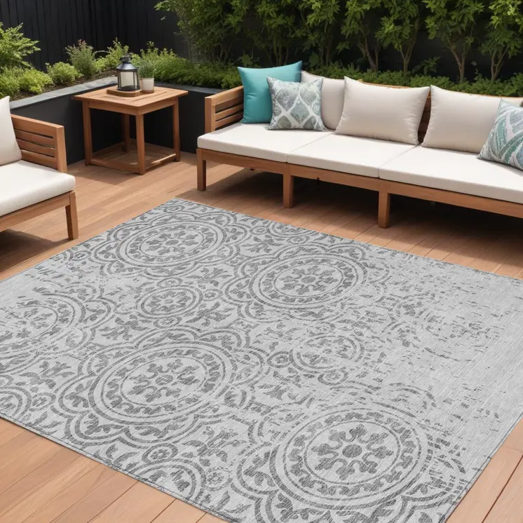 10' X 14' Silver And Gray Medallion Washable Indoor Outdoor Area Rug