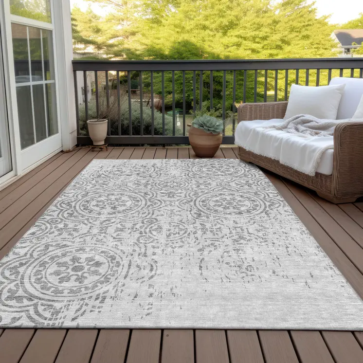 10' X 14' Silver And Gray Medallion Washable Indoor Outdoor Area Rug