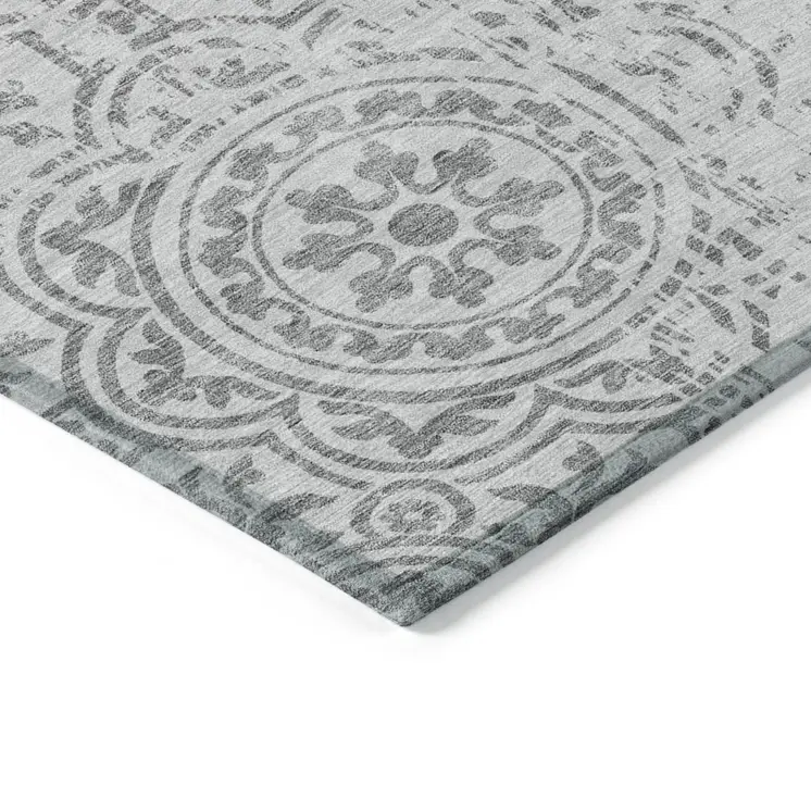10' X 14' Silver And Gray Medallion Washable Indoor Outdoor Area Rug
