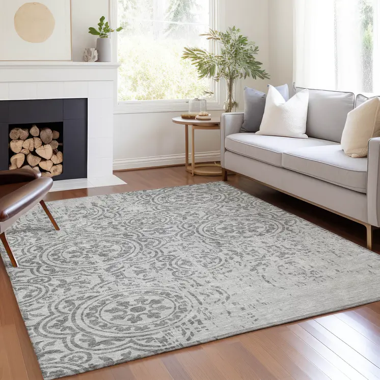 10' X 14' Silver And Gray Medallion Washable Indoor Outdoor Area Rug