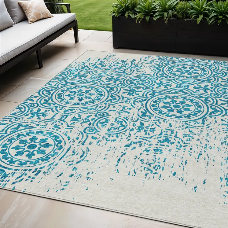 5' X 8' Teal Blue And Ivory Medallion Washable Indoor Outdoor Area Rug