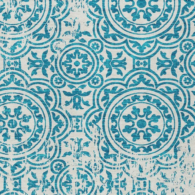 5' X 8' Teal Blue And Ivory Medallion Washable Indoor Outdoor Area Rug