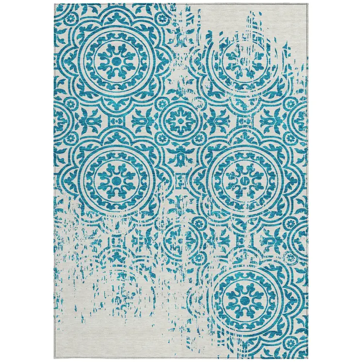 8' X 10' Teal Blue And Ivory Medallion Washable Indoor Outdoor Area Rug