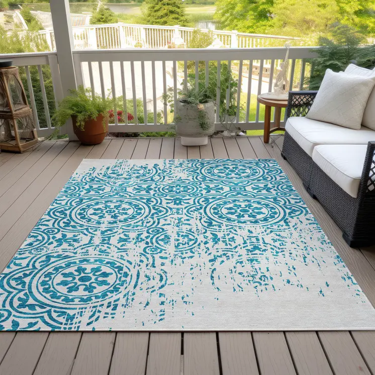 8' X 10' Teal Blue And Ivory Medallion Washable Indoor Outdoor Area Rug