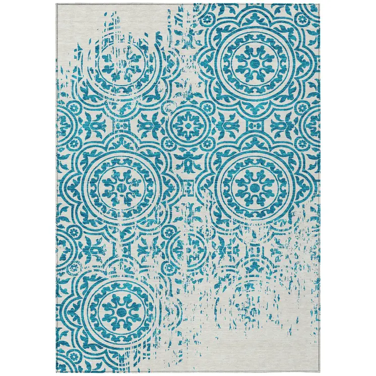 8' X 10' Teal Blue And Ivory Medallion Washable Indoor Outdoor Area Rug