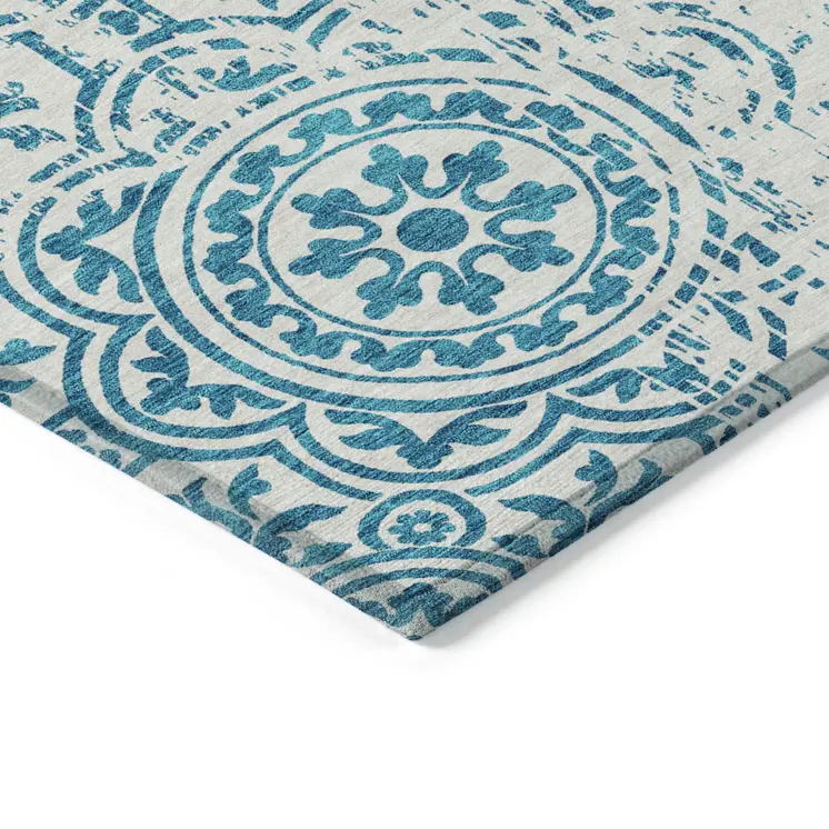 8' X 10' Teal Blue And Ivory Medallion Washable Indoor Outdoor Area Rug