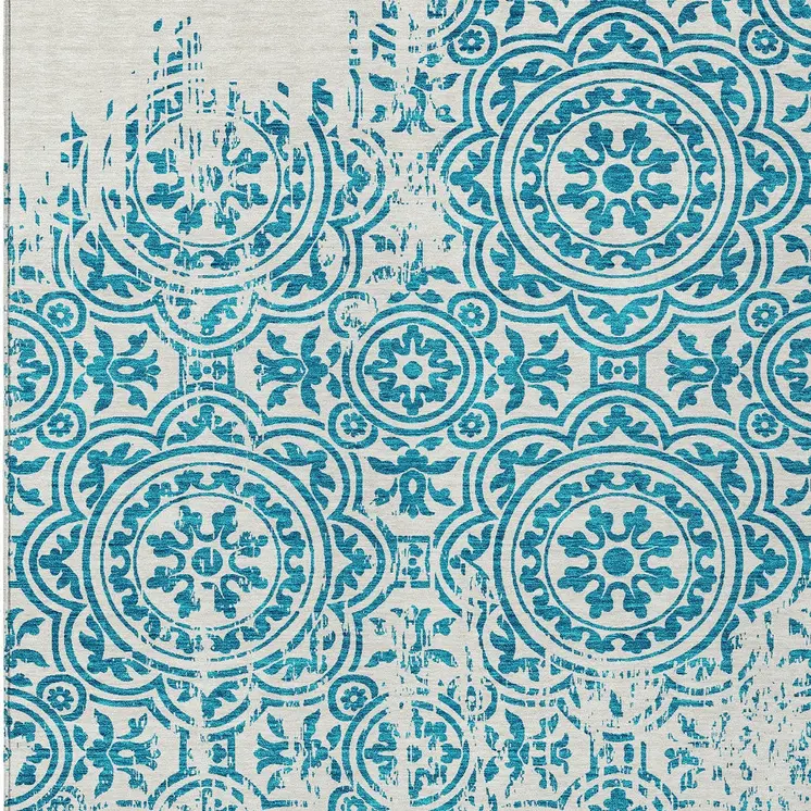 8' X 10' Teal Blue And Ivory Medallion Washable Indoor Outdoor Area Rug
