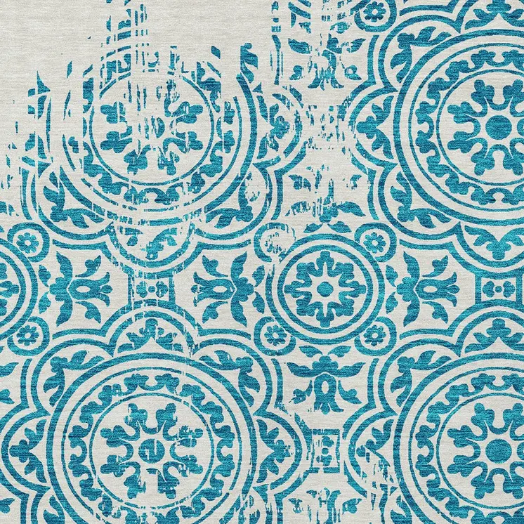9' X 12' Teal Blue And Ivory Medallion Washable Indoor Outdoor Area Rug