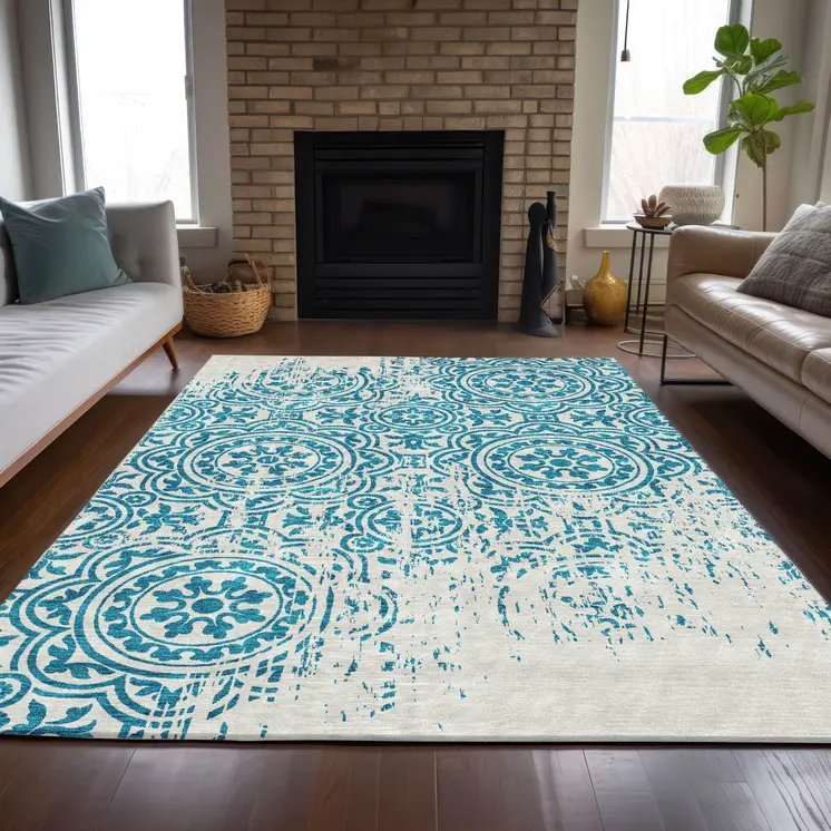 9' X 12' Teal Blue And Ivory Medallion Washable Indoor Outdoor Area Rug