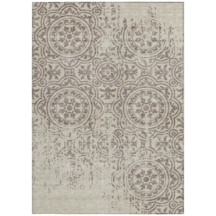 3' X 5' Taupe And Beige Medallion Washable Indoor Outdoor Area Rug