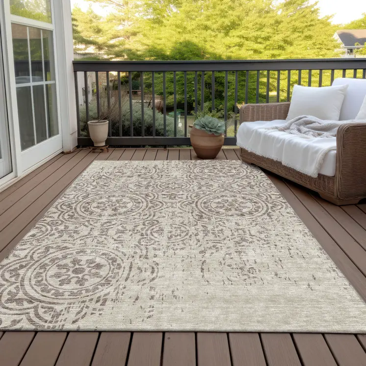 5' X 8' Taupe And Beige Medallion Washable Indoor Outdoor Area Rug