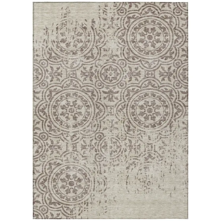 5' X 8' Taupe And Beige Medallion Washable Indoor Outdoor Area Rug