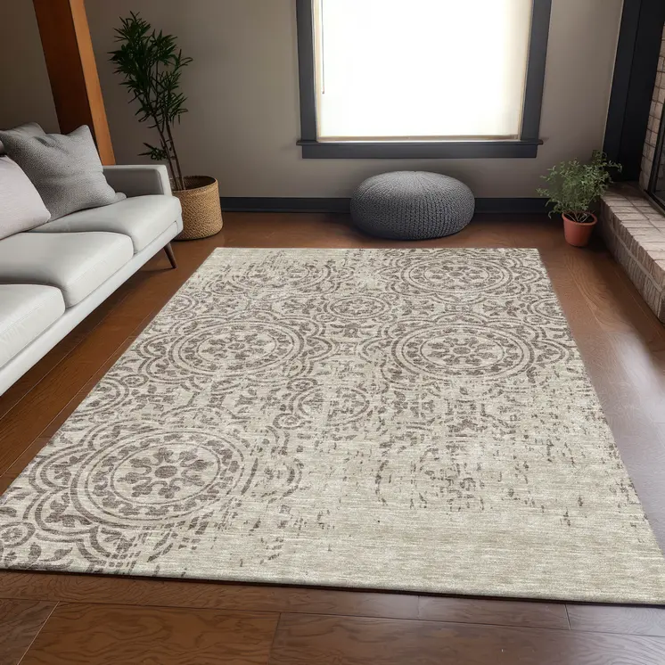5' X 8' Taupe And Beige Medallion Washable Indoor Outdoor Area Rug