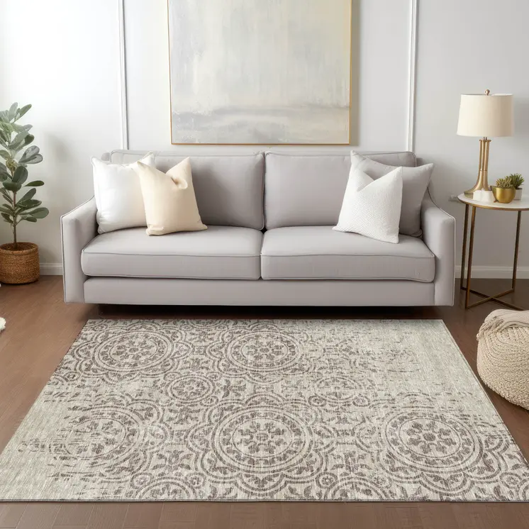 5' X 8' Taupe And Beige Medallion Washable Indoor Outdoor Area Rug