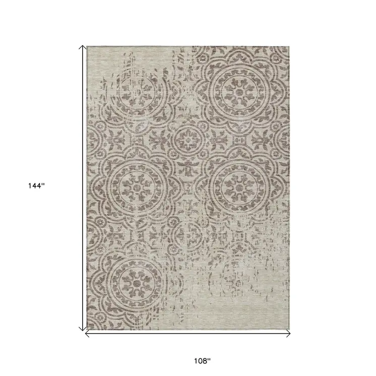 9' X 12' Taupe And Beige Medallion Washable Indoor Outdoor Area Rug
