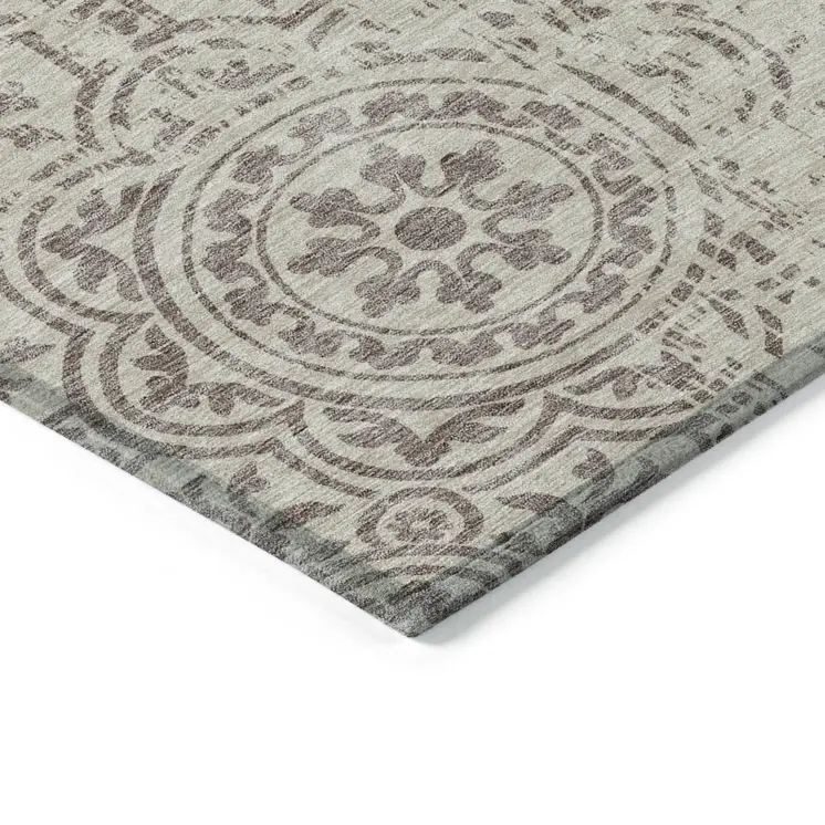 9' X 12' Taupe And Beige Medallion Washable Indoor Outdoor Area Rug