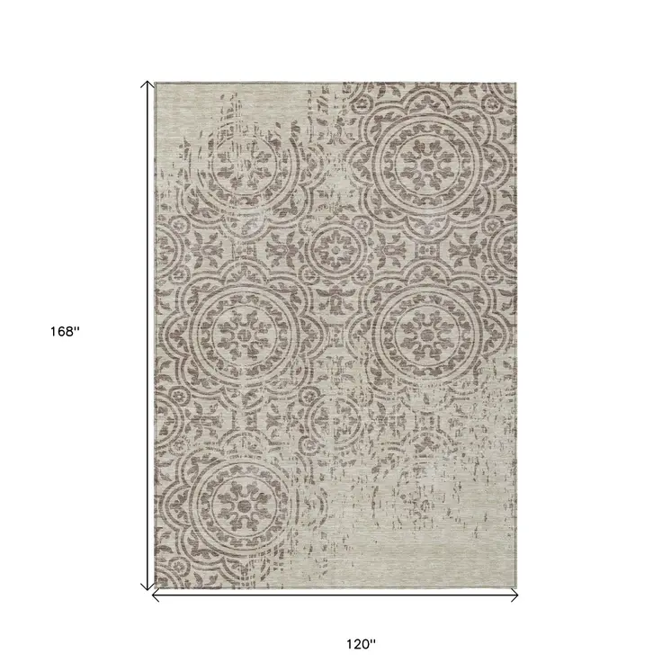 10' X 14' Taupe And Beige Medallion Washable Indoor Outdoor Area Rug