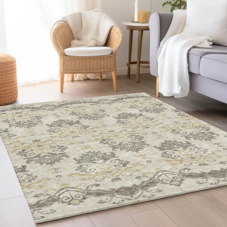 3' X 5' Beige Tan And Taupe Oriental Washable Indoor Outdoor Area Rug