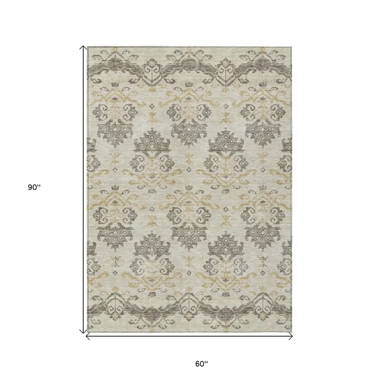 5' X 8' Beige Tan And Taupe Oriental Washable Indoor Outdoor Area Rug