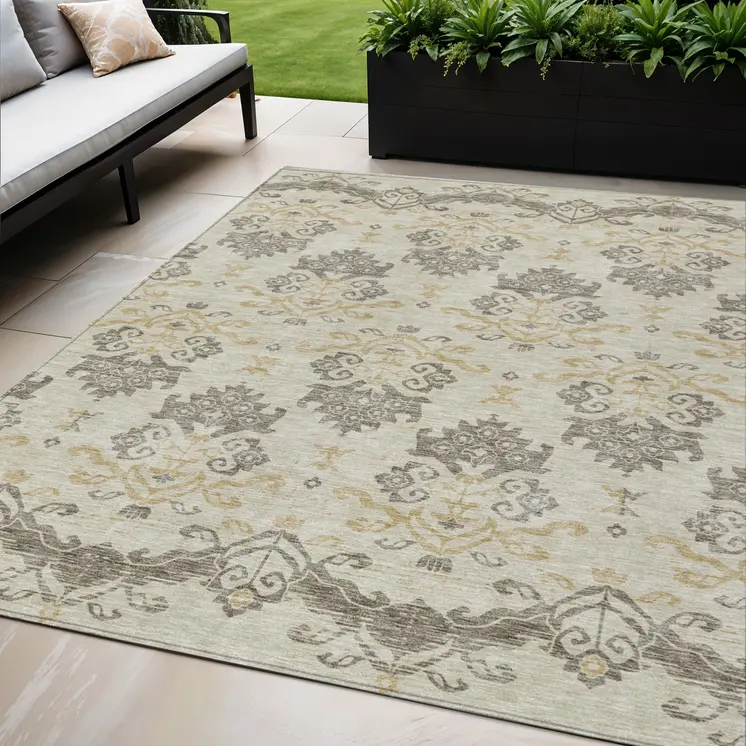 5' X 8' Beige Tan And Taupe Oriental Washable Indoor Outdoor Area Rug
