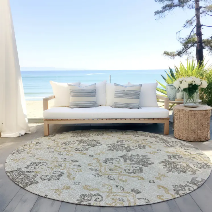 8' Beige Tan And Taupe Round Oriental Washable Indoor Outdoor Area Rug