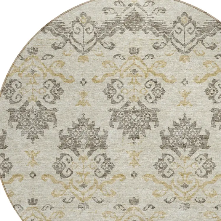 8' Beige Tan And Taupe Round Oriental Washable Indoor Outdoor Area Rug