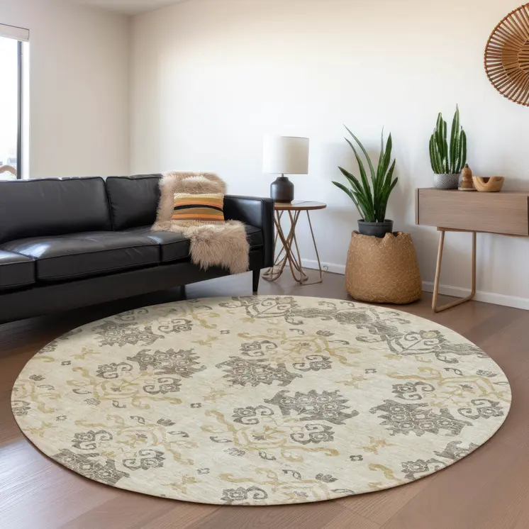 8' Beige Tan And Taupe Round Oriental Washable Indoor Outdoor Area Rug