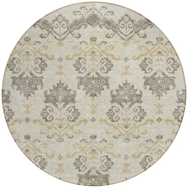 8' Beige Tan And Taupe Round Oriental Washable Indoor Outdoor Area Rug