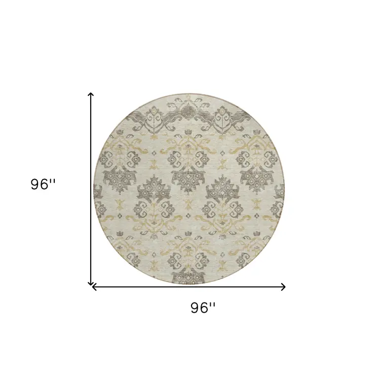 8' Beige Tan And Taupe Round Oriental Washable Indoor Outdoor Area Rug