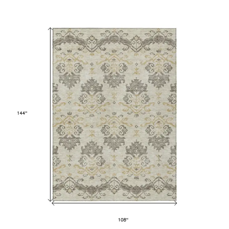 9' X 12' Beige Tan And Taupe Oriental Washable Indoor Outdoor Area Rug