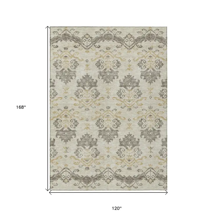 10' X 14' Beige Tan And Taupe Oriental Washable Indoor Outdoor Area Rug