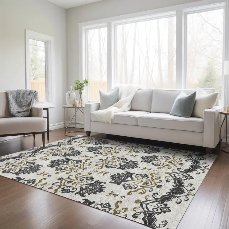 3' X 5' Black Beige And Gold Oriental Washable Indoor Outdoor Area Rug