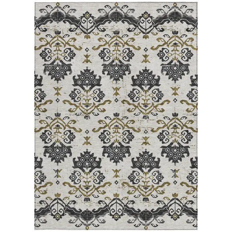5' X 8' Black Beige And Gold Oriental Washable Indoor Outdoor Area Rug