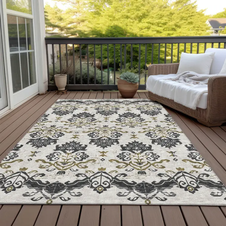5' X 8' Black Beige And Gold Oriental Washable Indoor Outdoor Area Rug