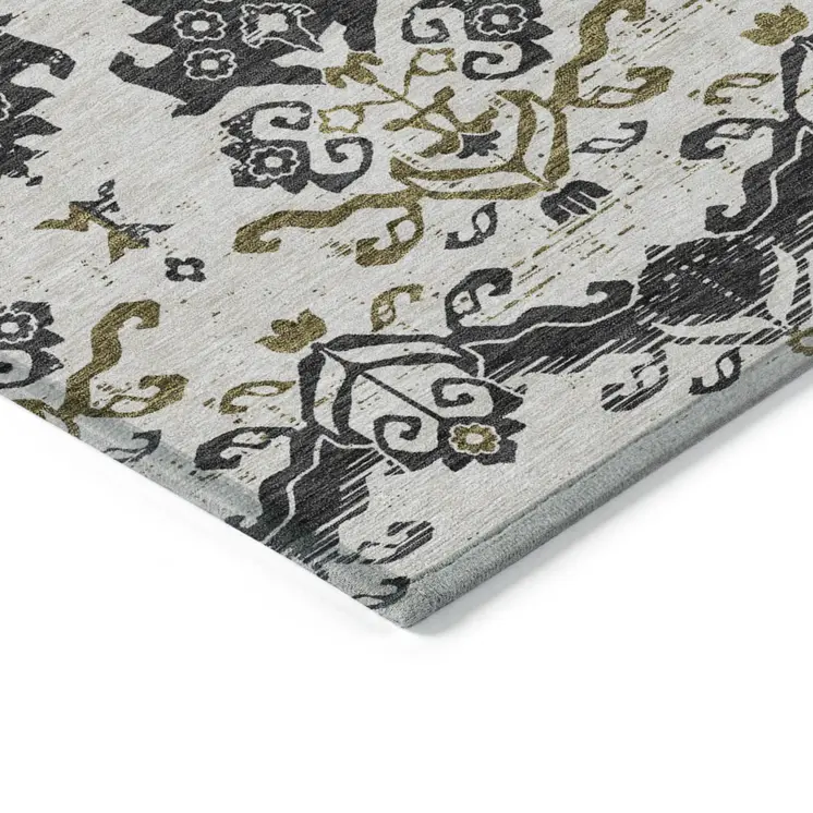5' X 8' Black Beige And Gold Oriental Washable Indoor Outdoor Area Rug