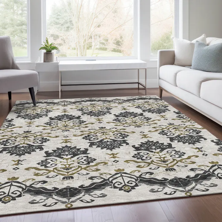 5' X 8' Black Beige And Gold Oriental Washable Indoor Outdoor Area Rug