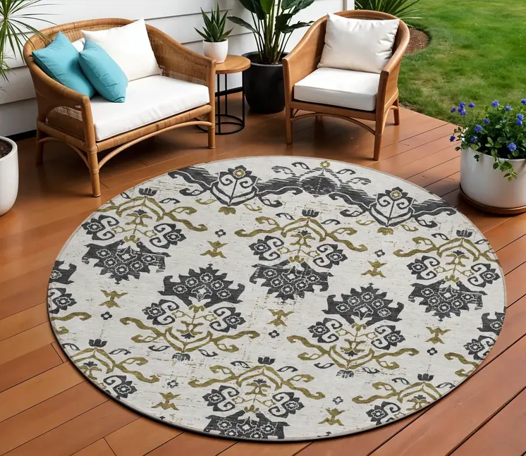 8' Black Beige And Gold Round Oriental Washable Indoor Outdoor Area Rug