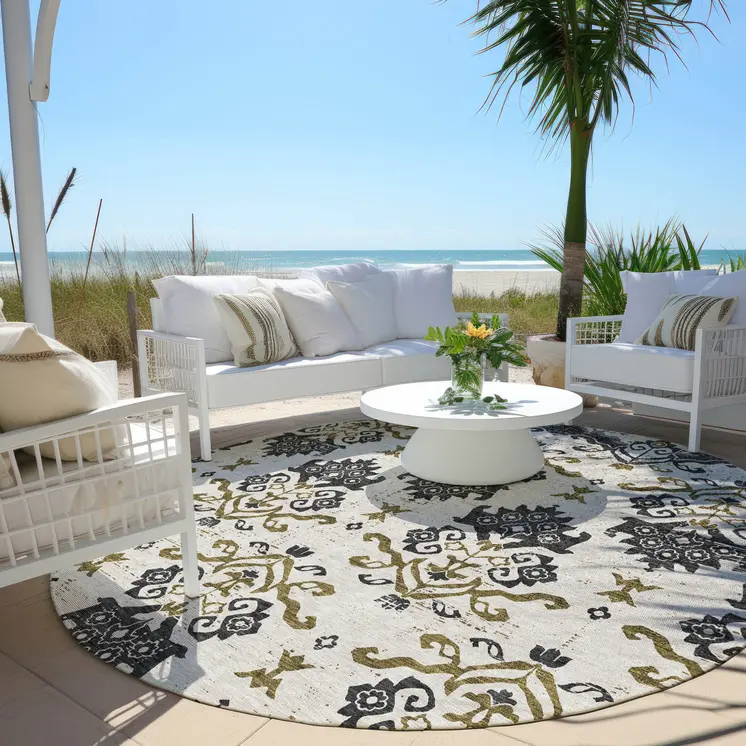 8' Black Beige And Gold Round Oriental Washable Indoor Outdoor Area Rug