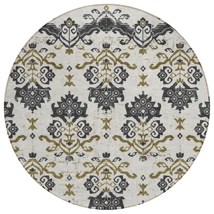 8' Black Beige And Gold Round Oriental Washable Indoor Outdoor Area Rug