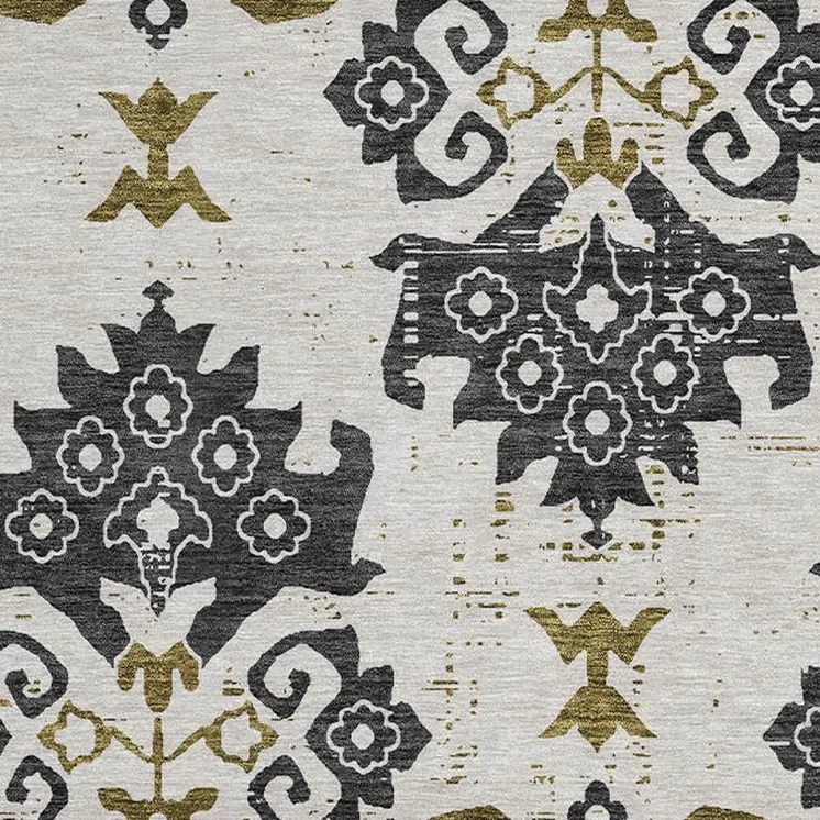 8' Black Beige And Gold Round Oriental Washable Indoor Outdoor Area Rug