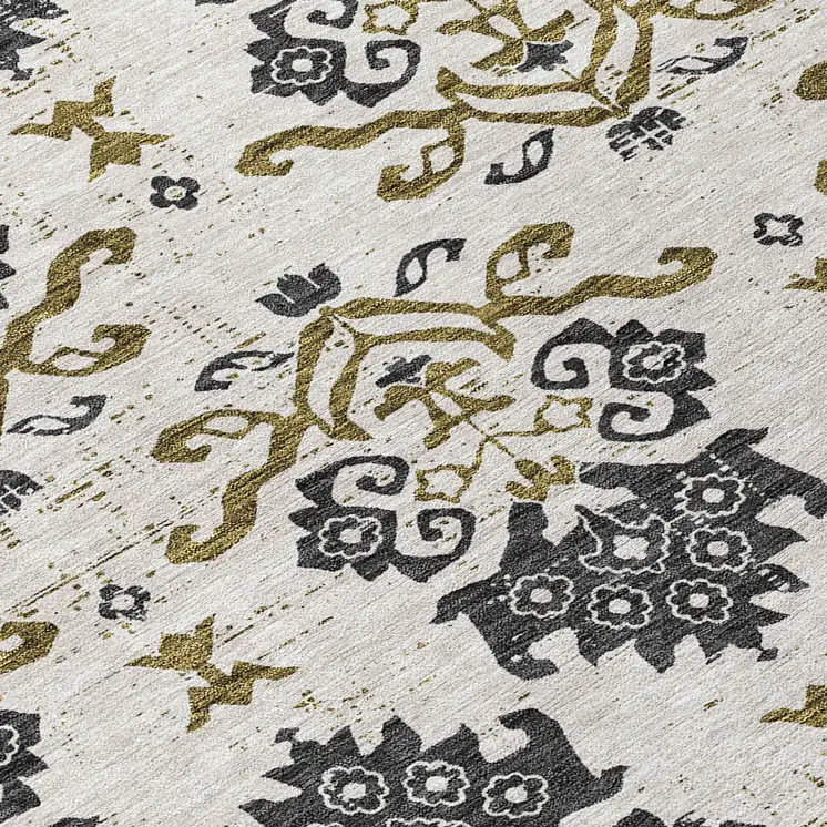 8' Black Beige And Gold Round Oriental Washable Indoor Outdoor Area Rug