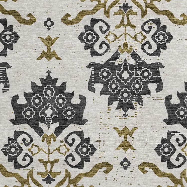 8' Black Beige And Gold Round Oriental Washable Indoor Outdoor Area Rug