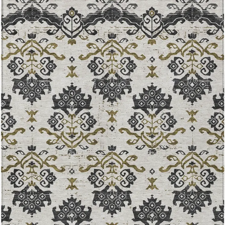 10' X 14' Black Beige And Gold Oriental Washable Indoor Outdoor Area Rug