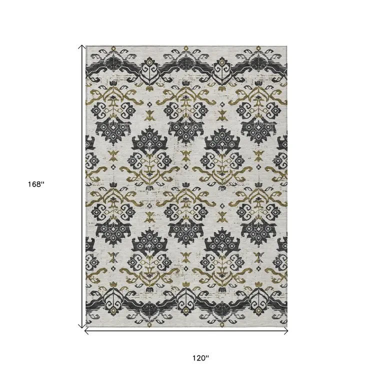 10' X 14' Black Beige And Gold Oriental Washable Indoor Outdoor Area Rug