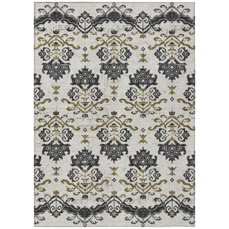 10' X 14' Black Beige And Gold Oriental Washable Indoor Outdoor Area Rug